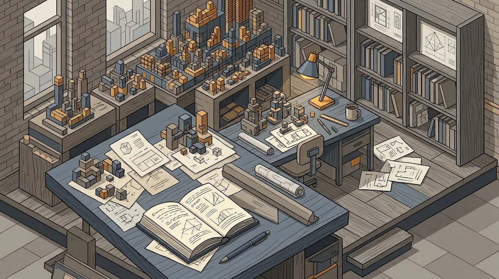Izometrinė darbo vietos iliustracija su popieriais ir blokeliais, atspindinti kasdienes situacijas ir klaidų taisymus.